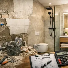 Kalkulator pokazuje 25000, obok pieniądze i lista "Koszt remontu łazienki". Trwa budowa.