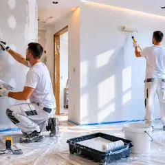 Dwóch fachowców wykonuje szpachlowanie i malowanie ścian. Sprawdź nasz cennik usług remontowych.
