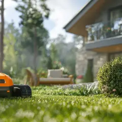 Pomarańczowy robot koszący trawę pracuje w słoneczny dzień na zadbanym trawniku przed nowoczesnym domem.