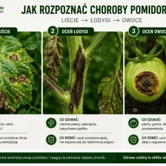 Plamy, żółte przebarwienia i zasychanie liści to objawy chorób pomidorów. Na zdjęciu widać uszkodzone liście, łodygi i owoce.