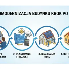 Ilustracja przedstawia 4 etapy termomodernizacji budynku: audyt energetyczny, planowanie, realizację prac i dofinansowanie.