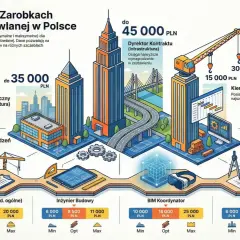 Kierownik budowy zarabia od 12 000 do 20 000 PLN. Infografika porównuje zarobki w branży budowlanej.