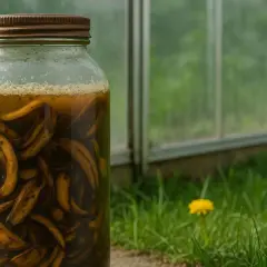 Słoik pełen skórki z banana, przygotowywany jako naturalny nawóz. W tle zielona trawa i szklarnia.