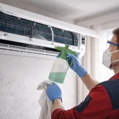 Profesjonalne odgrzybianie klimatyzacji cena. Technik w masce i rękawiczkach dezynfekuje urządzenie.