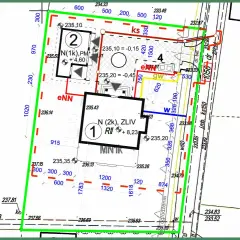 Mapa do celów projektowych cena: szczegółowy plan działki z oznaczeniami budynków, granic i wysokości.