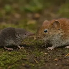 Mała nornica i mysz o rudym futerku spotykają się na mchu.