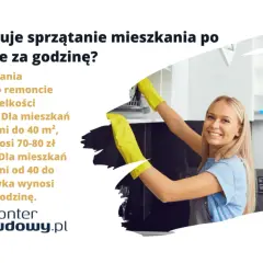 Cennik sprzątania po remoncie: stawka godzinowa zależy od metrażu mieszkania. Uśmiechnięci pracownicy w żółtych rękawiczkach sprzątają kuchnię.