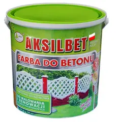 Jaka farba do betonu na zewnątrz? Pojemnik farby Aksilbet do malowania i renowacji powierzchni betonowych, z widokiem na odnowiony płotek.