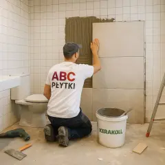 Fachowiec z koszulką "ABC PŁYTKI" układa płytki na płytki w łazience. Obok wiadro z zaprawą i drabina.