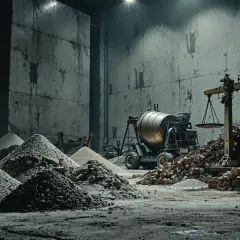 Wielka waga nad stertą gruzu, obok betoniarki i zasypów. Zastanawiasz się, ile kosztuje kubik betonu?
