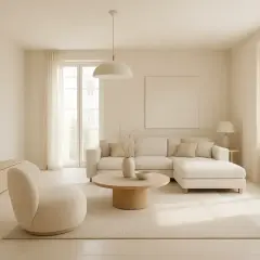 Jasny salon w odcieniach koloru piaskowego. Duża, narożna sofa, okrągły stolik kawowy i puszysty fotel tworzą przytulną przestrzeń.