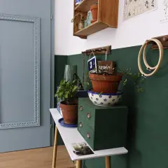 Niebieskie drzwi, zielona ściana, rośliny w doniczkach i złote lustro.