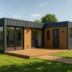 Nowoczesny dom z kontenerów 100m2 cena. Elegancka bryła z drewnianą elewacją i dużymi przeszkleniami, otoczona zielonym ogrodem.
