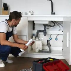 Hydraulik w ogrodniczkach naprawia syfon pod zlewem. Zastanawiasz się, ile zarabia hydraulik?