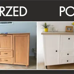 Przed i po metamorfozie drewnianej komody: stara, jasnobrązowa i odnowiona, biała.