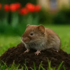 Mała nornica siedzi na kopczyku ziemi. W tle czerwone tulipany i zielona trawa.