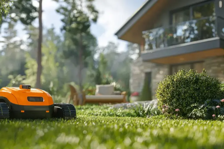 Pomarańczowy robot koszący trawę pracuje w słoneczny dzień na zadbanym trawniku przed nowoczesnym domem.