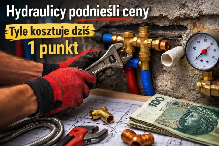 Ręce w czerwonych rękawicach dokręcają kluczem instalację hydrauliczną. Obok leżą pieniądze i schemat. Dowiedz się, ile kosztuje dziś 1 punkt hydraulika.