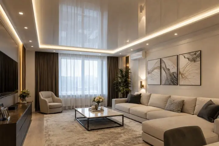 Nowoczesny salon z podwieszanym sufitem napinanym, który pięknie odbija światło. Wygodna kanapa i eleganckie dodatki tworzą przytulną atmosferę.