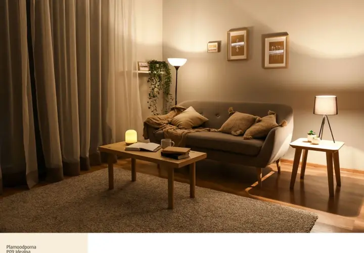 Przytulny salon z sofą, stolikiem kawowym i lampami. Dominują **ciepłe kolory**, tworząc relaksującą atmosferę.