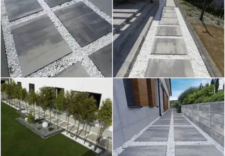 Nowoczesne ścieżki z płyt betonowych i białego żwiru tworzą najtańszą opaskę wokół domu, nadając mu elegancki wygląd.