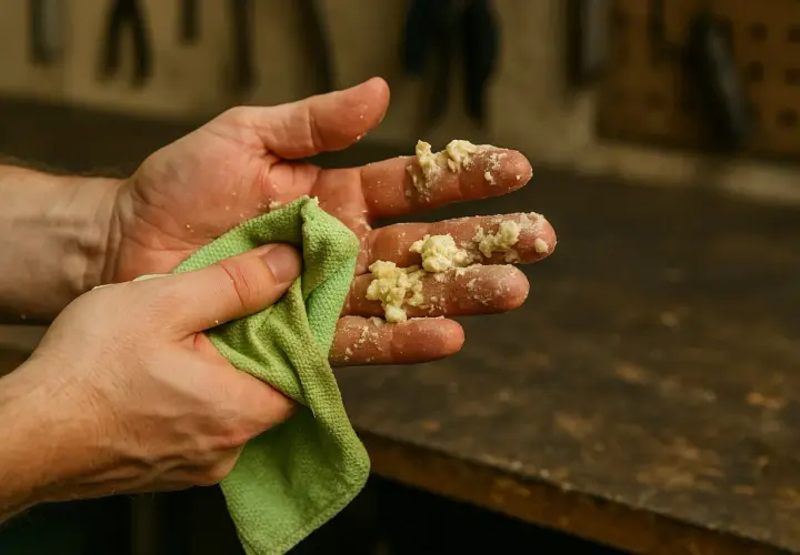 Ręce ubrudzone pianką montażową. Zielona ściereczka próbuje usunąć zaschnięte resztki. Dowiedz się, czym zmyć piankę montażową.