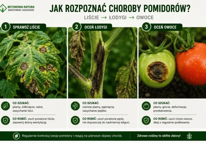 Plamy, żółte przebarwienia i zasychanie liści to objawy chorób pomidorów. Na zdjęciu widać uszkodzone liście, łodygi i owoce.