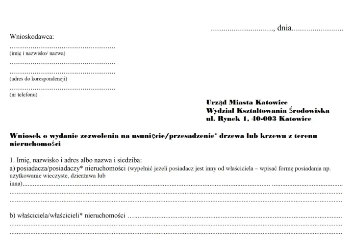 Fragment wniosku o zezwolenie na usunięcie drzewa/krzewu z terenu nieruchomości.