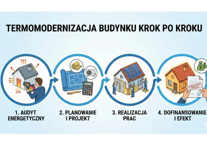 Ilustracja przedstawia 4 etapy termomodernizacji budynku: audyt energetyczny, planowanie, realizację prac i dofinansowanie.