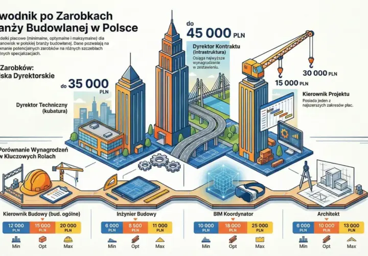 Kierownik budowy zarabia od 12 000 do 20 000 PLN. Infografika porównuje zarobki w branży budowlanej.