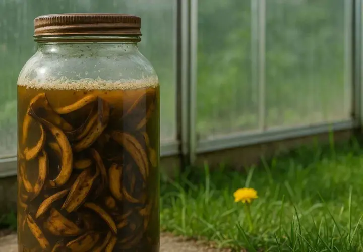 Słoik pełen skórki z banana, przygotowywany jako naturalny nawóz. W tle zielona trawa i szklarnia.
