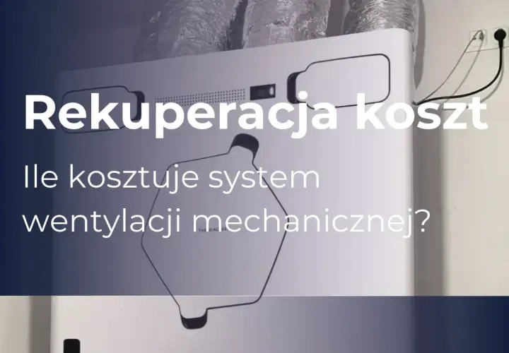 Rekuperacja koszt: ile kosztuje system wentylacji mechanicznej? Białe urządzenie z przewodami i tekstem.