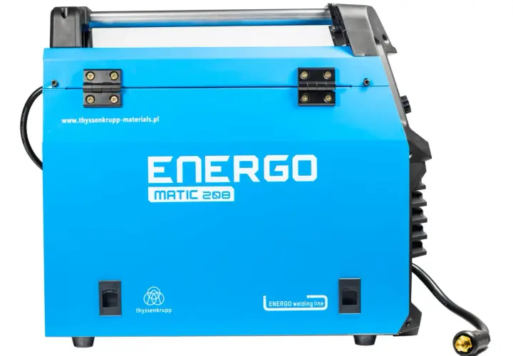 Niebieska spawarka ENERGO MATIC 208 z uchwytem i widocznym kablem.