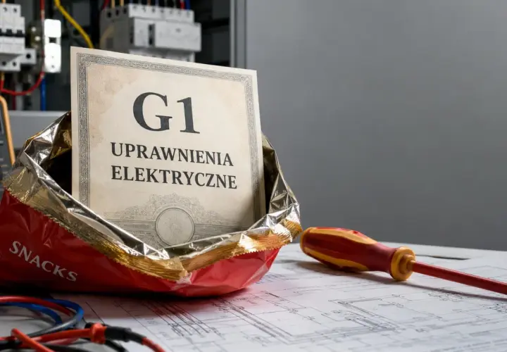 Certyfikat "G1 Uprawnienia Elektryczne" w paczce chipsów, obok multimetru i śrubokręta.