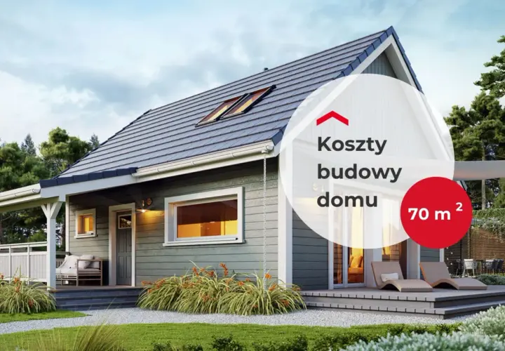 Koszty budowy domu 70m2 pod klucz. Nowoczesny, parterowy dom z tarasem i dużymi oknami.