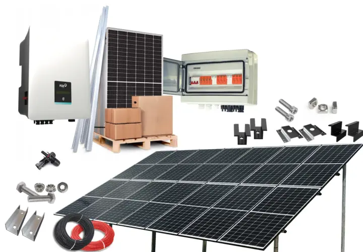 Elementy instalacji fotowoltaicznej 6 kW: panele, inwerter, skrzynka z zabezpieczeniami, kable, uchwyty i śruby.