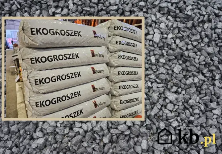 Stos worków z napisem "EKOGROSZEK" na tle węgla. Sprawdź aktualną eko groszek cena i wybierz najlepszą ofertę.