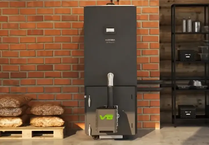 Nowoczesny piec na pellet z zielonym logo, obok palety z workami pelletu. Dofinansowanie do pieca na pellet może być Twoje!