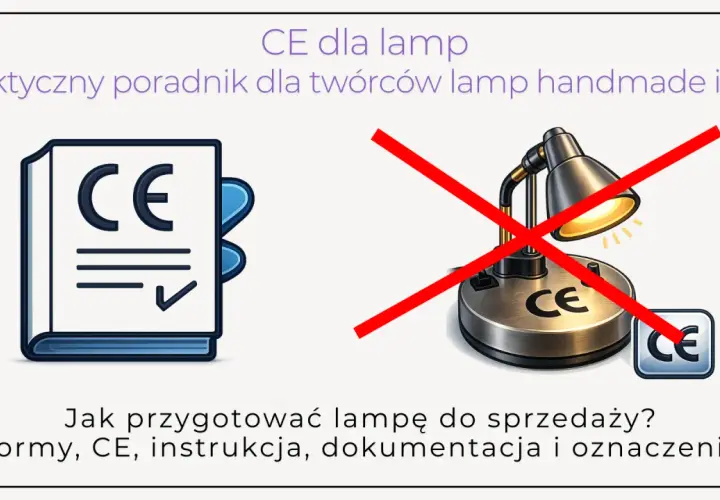 Poradnik o normach i oznaczeniach CE dla lamp. Lampka z przekreślonym symbolem CE sugeruje, że nie spełnia wymogów.