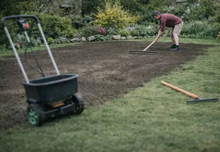 Mężczyzna zgrabia ziemię, przygotowując ją do siewu. W tle widać rozsiewacz do trawy, co sugeruje, że właśnie trwa praca nad tym, jak wyrównać trawnik.