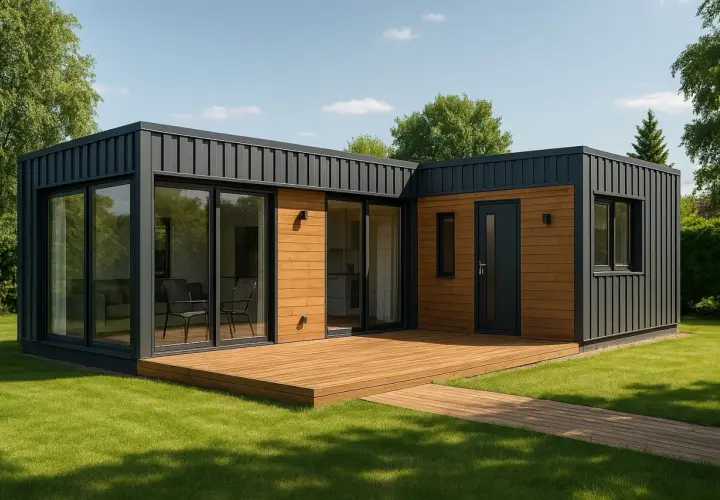 Nowoczesny dom z kontenerów 100m2 cena. Elegancka bryła z drewnianą elewacją i dużymi przeszkleniami, otoczona zielonym ogrodem.