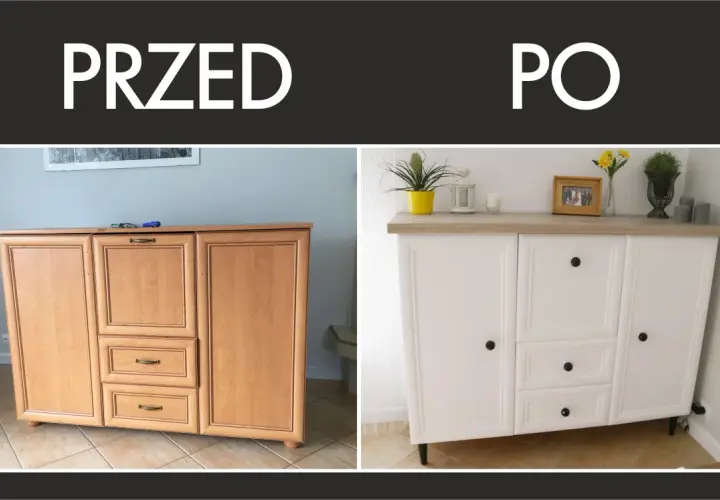 Przed i po metamorfozie drewnianej komody: stara, jasnobrązowa i odnowiona, biała.