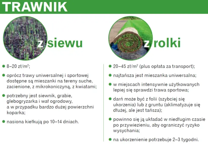 Zakładanie trawnika cena za m²: z siewu 8-20 zł, z rolki 20-45 zł. Porównanie metod i kosztów.