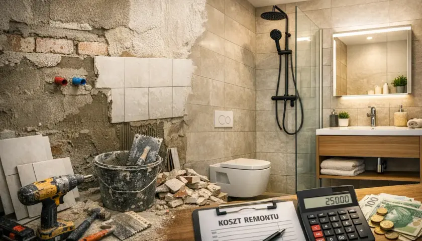 Kalkulator pokazuje 25000, obok pieniądze i lista "Koszt remontu łazienki". Trwa budowa.