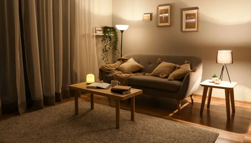 Przytulny salon z sofą, stolikiem kawowym i lampami. Dominują **ciepłe kolory**, tworząc relaksującą atmosferę.