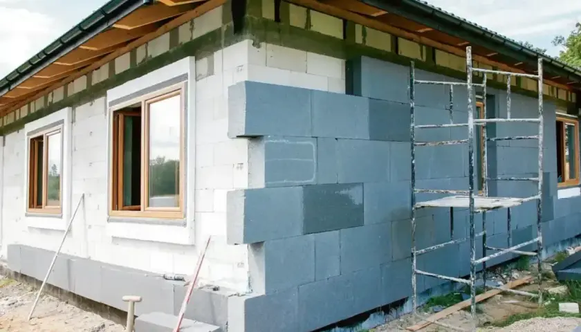Budowa domu, ocieplenie ścian zewnętrznych szarymi bloczkami, rusztowanie.