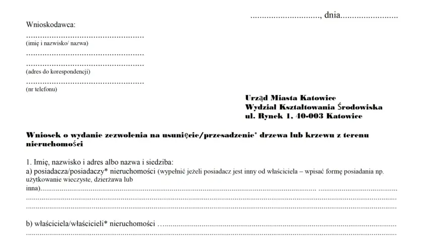 Fragment wniosku o zezwolenie na usunięcie drzewa/krzewu z terenu nieruchomości.