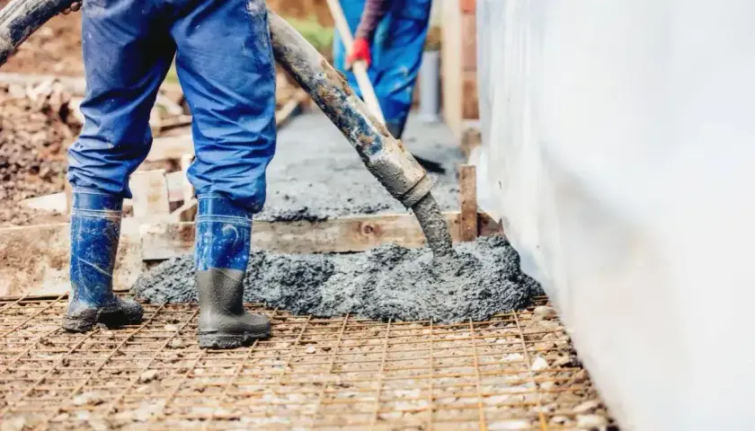 Pracownicy wylewają beton na zbrojenie. Sprawdź aktualną suchy beton cena 1m3.