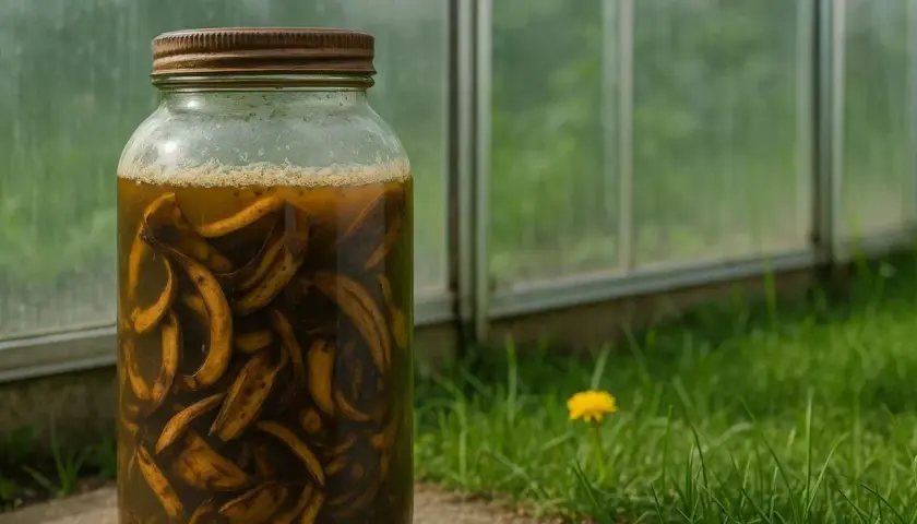 Słoik pełen skórki z banana, przygotowywany jako naturalny nawóz. W tle zielona trawa i szklarnia.