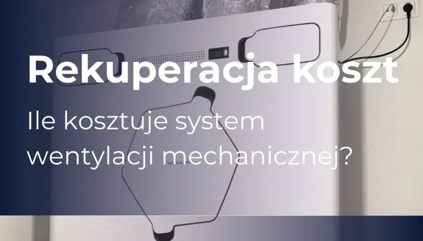 Rekuperacja koszt: ile kosztuje system wentylacji mechanicznej? Białe urządzenie z przewodami i tekstem.